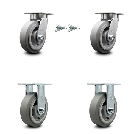 Service Caster 6 Inch Kingpinless Thermoplastic Rubber Wheel Caster Swivel Locks 2 Rigid, 2PK SCC-KP30S620-TPRRF-BSL-2-R-2